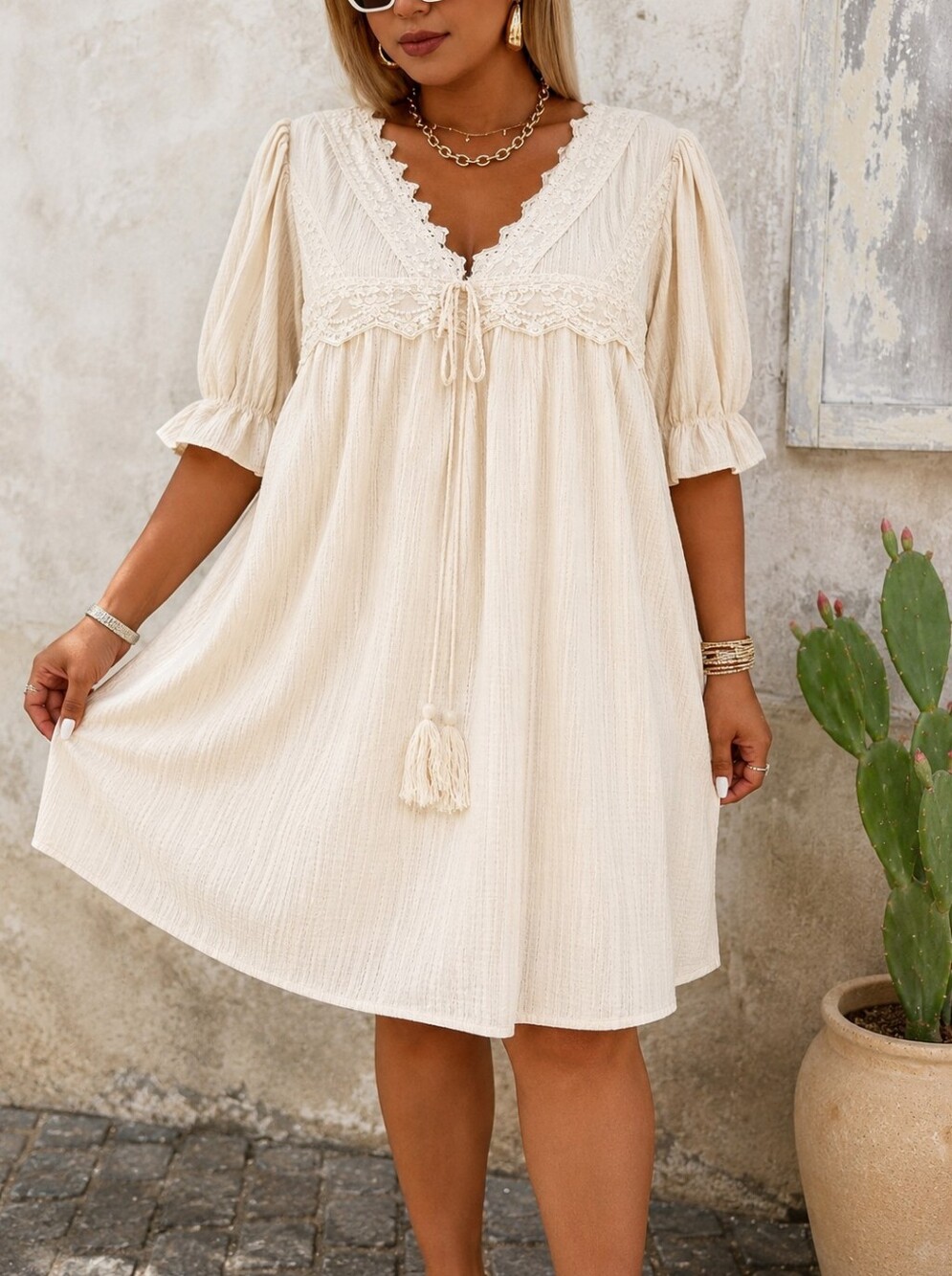 Women's Plus Size 3X Boho Lace Trim Mini Dress Flowy Cute Casual NWOT